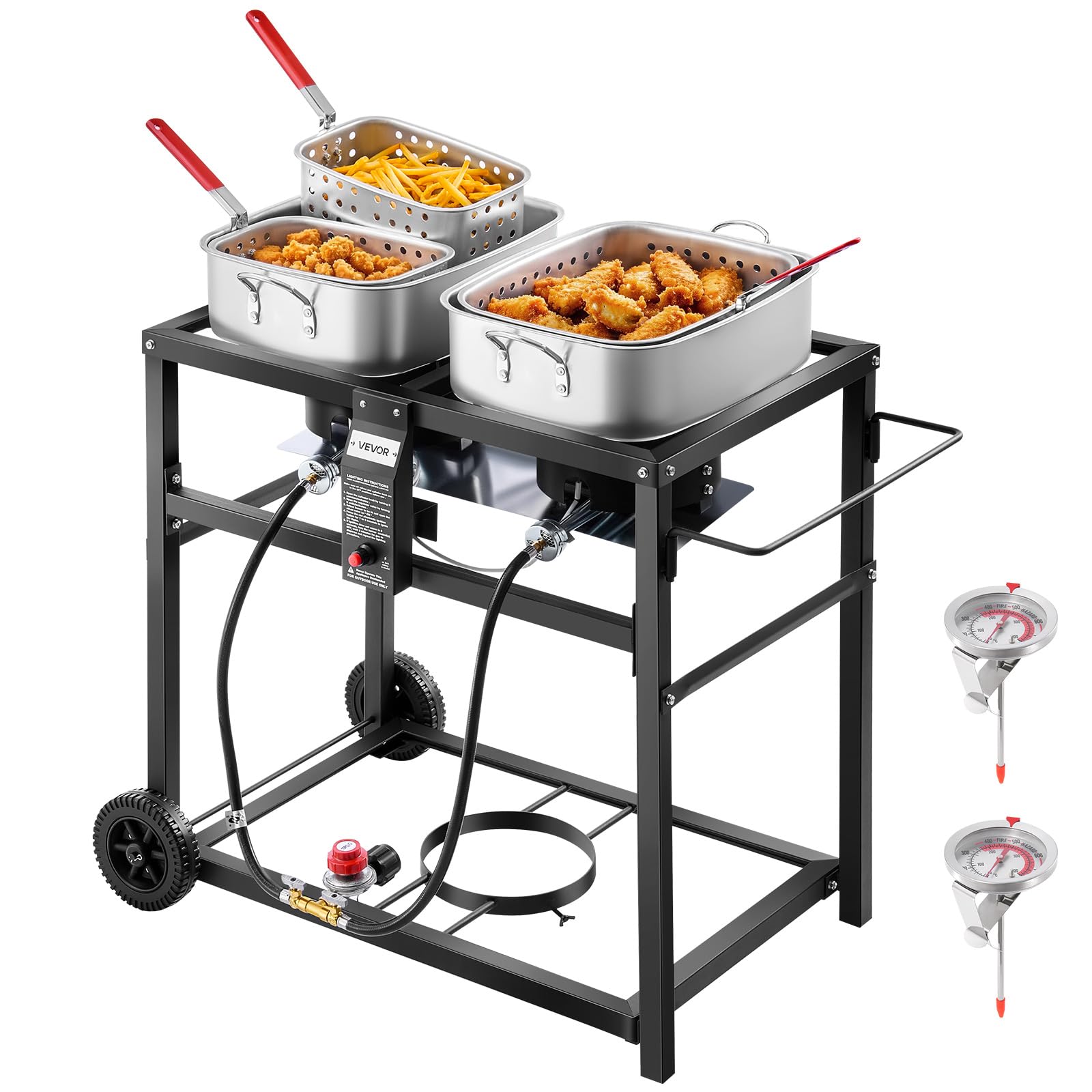 VEVOR Outdoor Propane Deep Fryer, Dual-Tank 18QTx2 Commercial Fryer, Multi-Purpose Portable Frying Cart with Wheel, 3 Basket, 2 