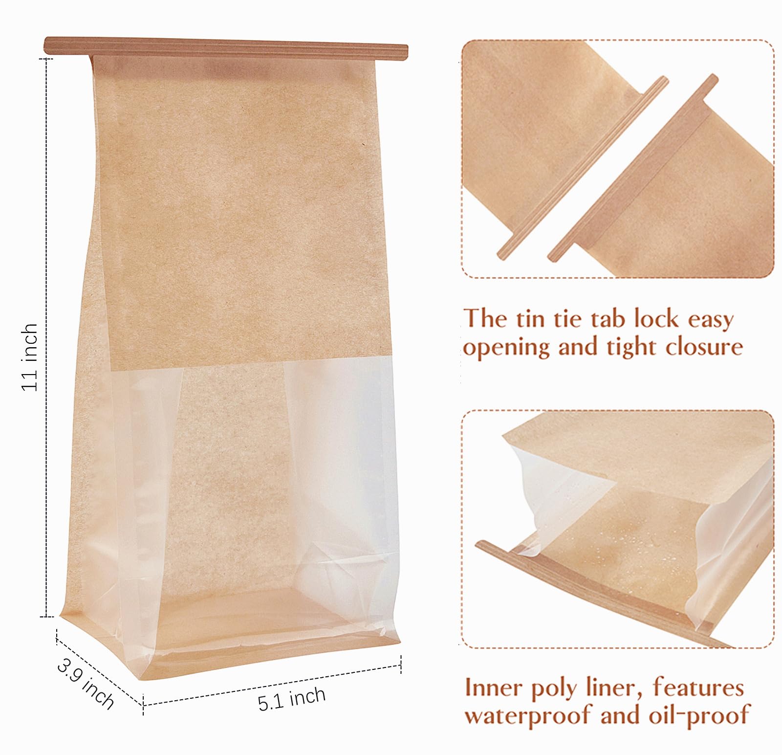 Ocmoiy 50Pcs Bakery Bags With Window, Resealable Tin Tie Tab Lock Bread Storage Bags, Clear Front Snack Bags For Packaging Cooki