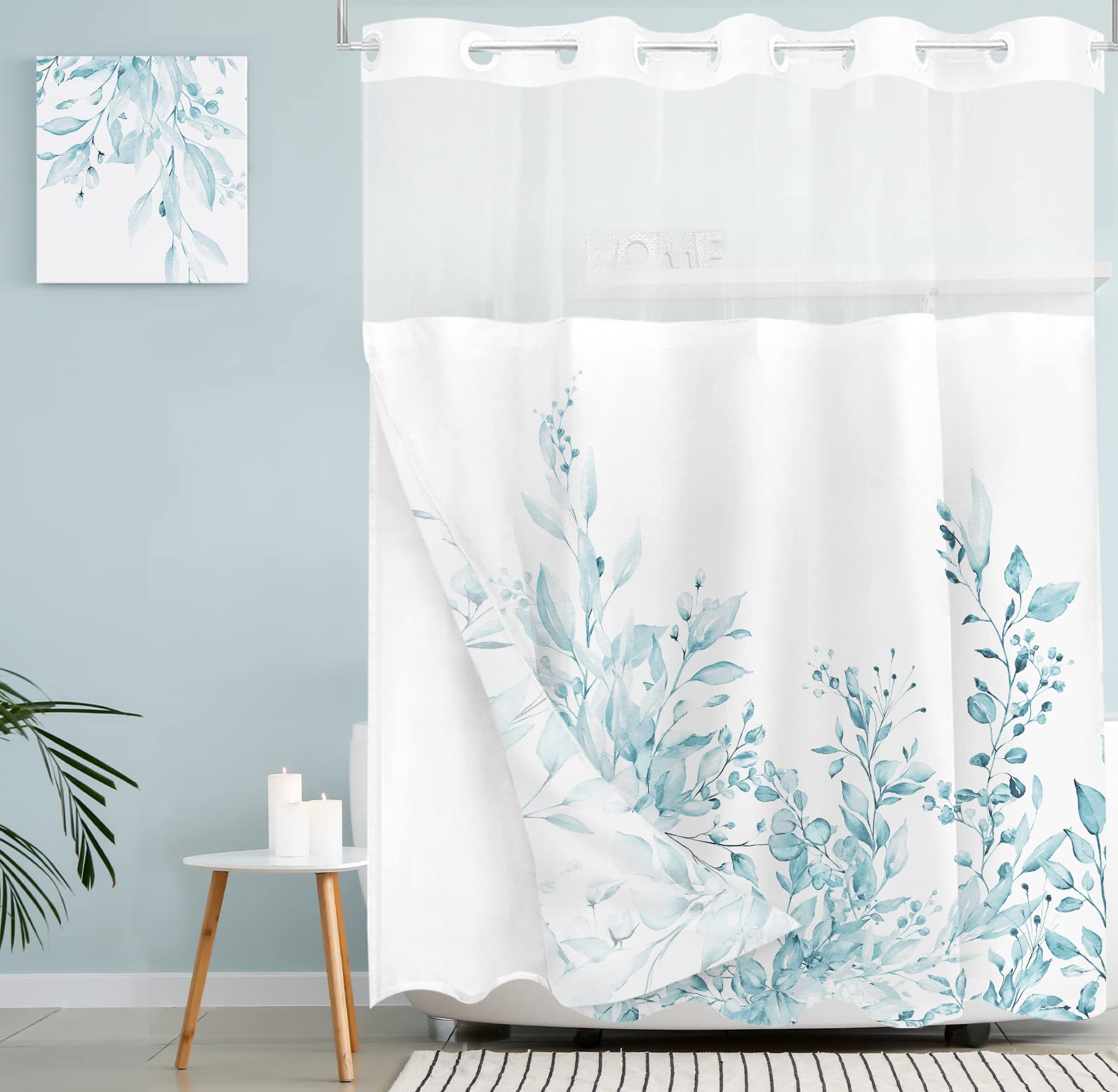Tititex No Hooks Snap In Liner Spun Sugar Light Blue Eucalyptus Leaves Shower Curtain Sets, Hotel Luxury Double Layers Waterproo