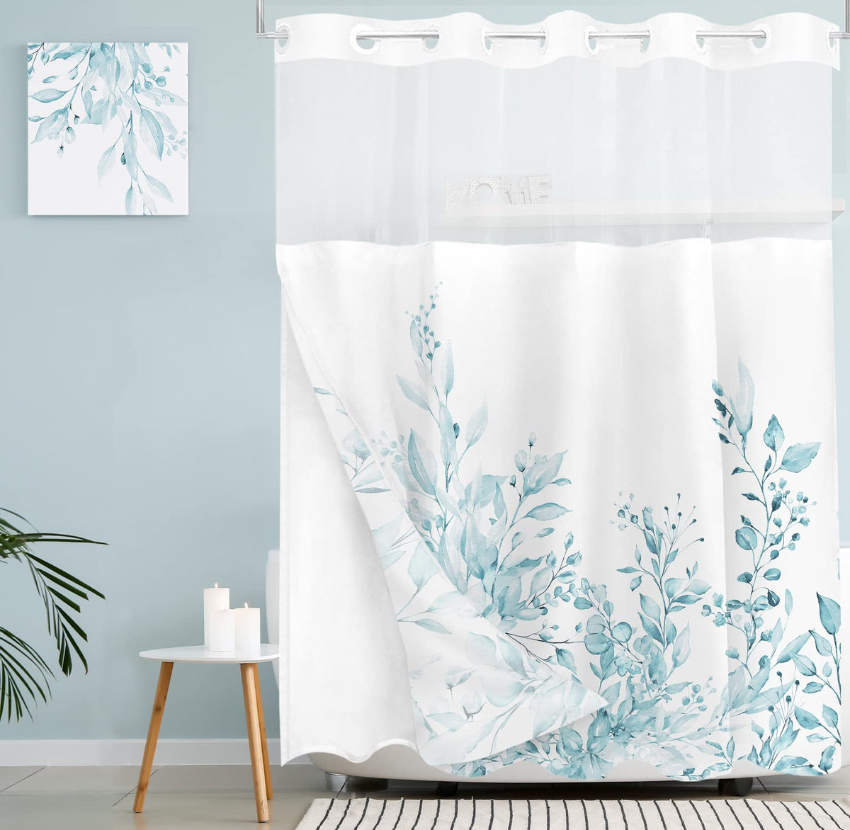 Tititex No Hooks Snap In Liner Spun Sugar Light Blue Eucalyptus Leaves Shower Curtain Sets, Hotel Luxury Double Layers Waterproo