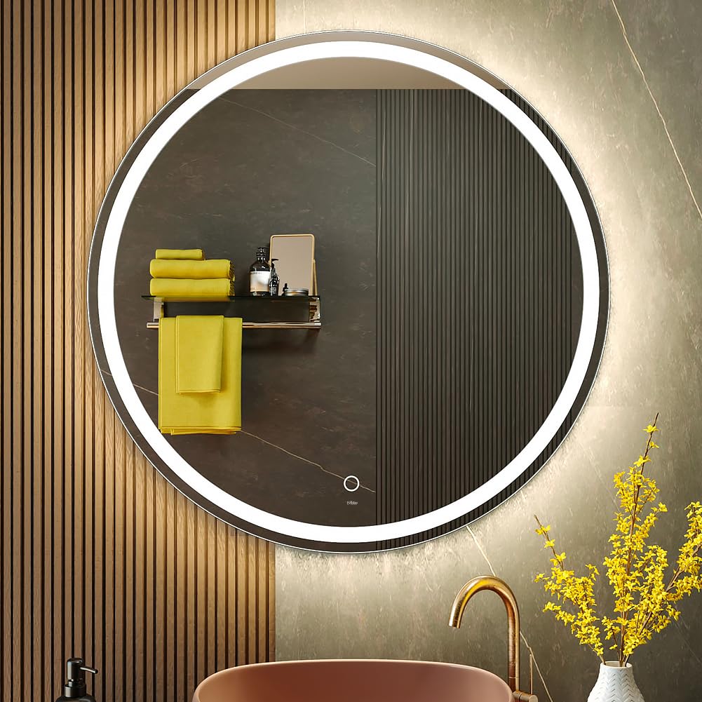 KWW 32 Inch Large Modern LED Round Bathroom Vanity Mirror  Color Temperature Adjustable  Anti-Fog Dimmable Lights  Easy to Install  Wall Mounted Makeup Mirror with Smart Touch Button