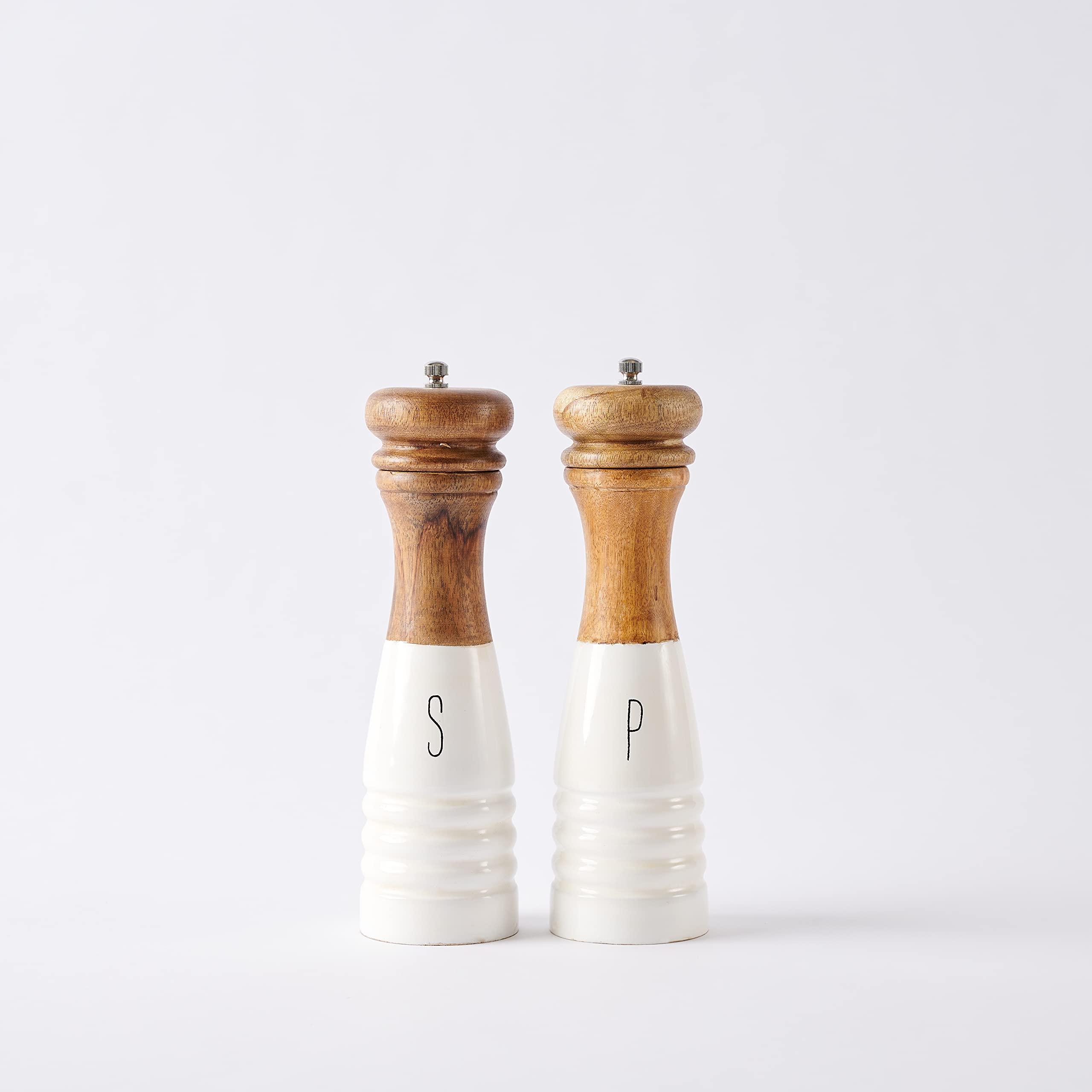 Mud Pie Farmhouse Wood And Enamel Mills Salt And Pepper Set, 10 1/2'' X 3'' Dia, White, Brown