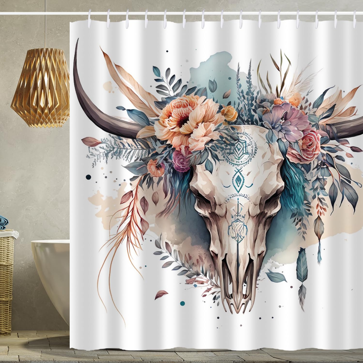 She Love Western Bull Skull Shower Curtain Retro Boho Cow Longhorn Skull Flower Head Shower Curtain With Hooks 72X72 Inch Waterp