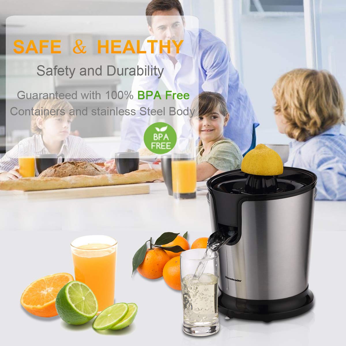 Homeleader Electric Citrus Juicer, Lemon Squeezer With Stainless Steel, Orange Squeezer With Two Cones, Powerful Motor For Grape