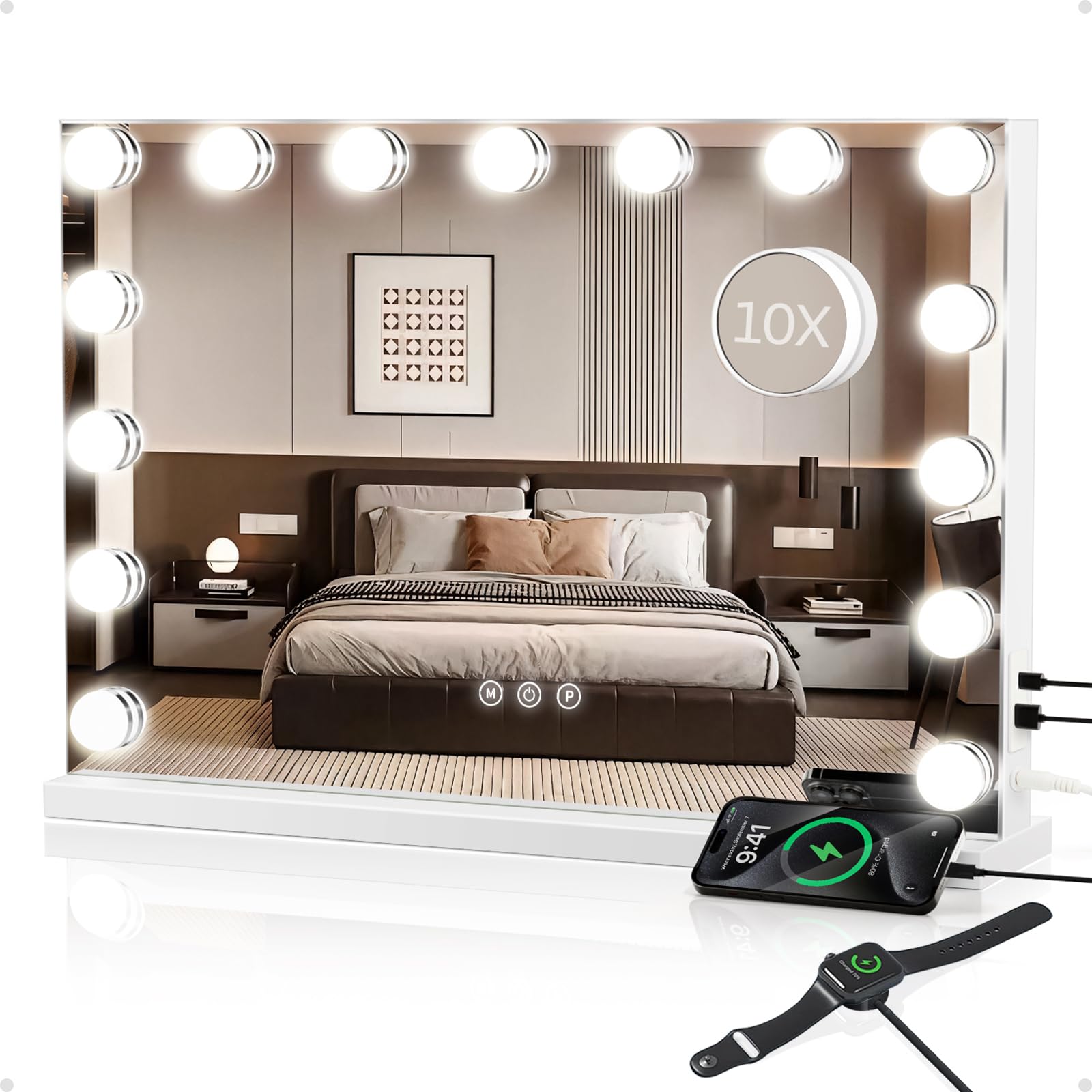 Kiwixmoon Hollywood Vanity Mirror with Lights, Lighted Makeup Mirror with 10X Magnification, 3 Color Lights, 15 Dimmable Bulbs, 