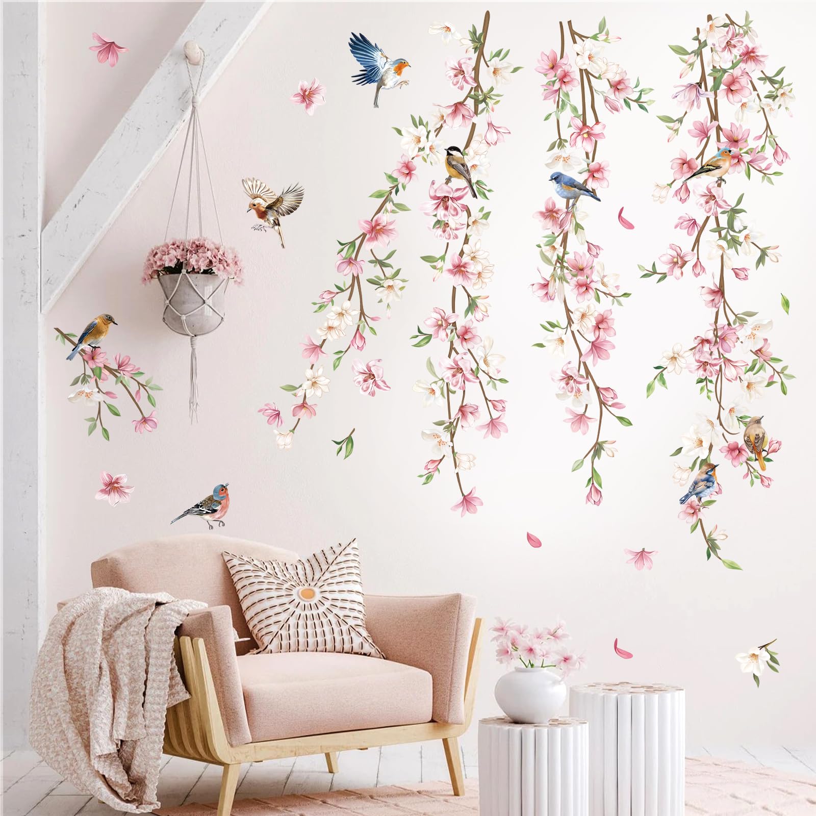 Decalmile Hanging Flower Vine Wall Decals Pink Floral Leaves Birds Wall Stickers Bedroom Living Room Sofa Tv Background Wall Dec
