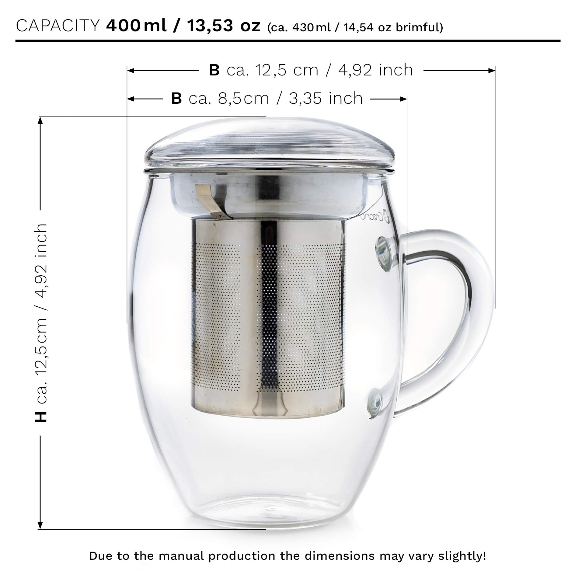 Creano Tea Glass With Stainless Steel Infuser And Glass Lid - 14Oz (400Ml)