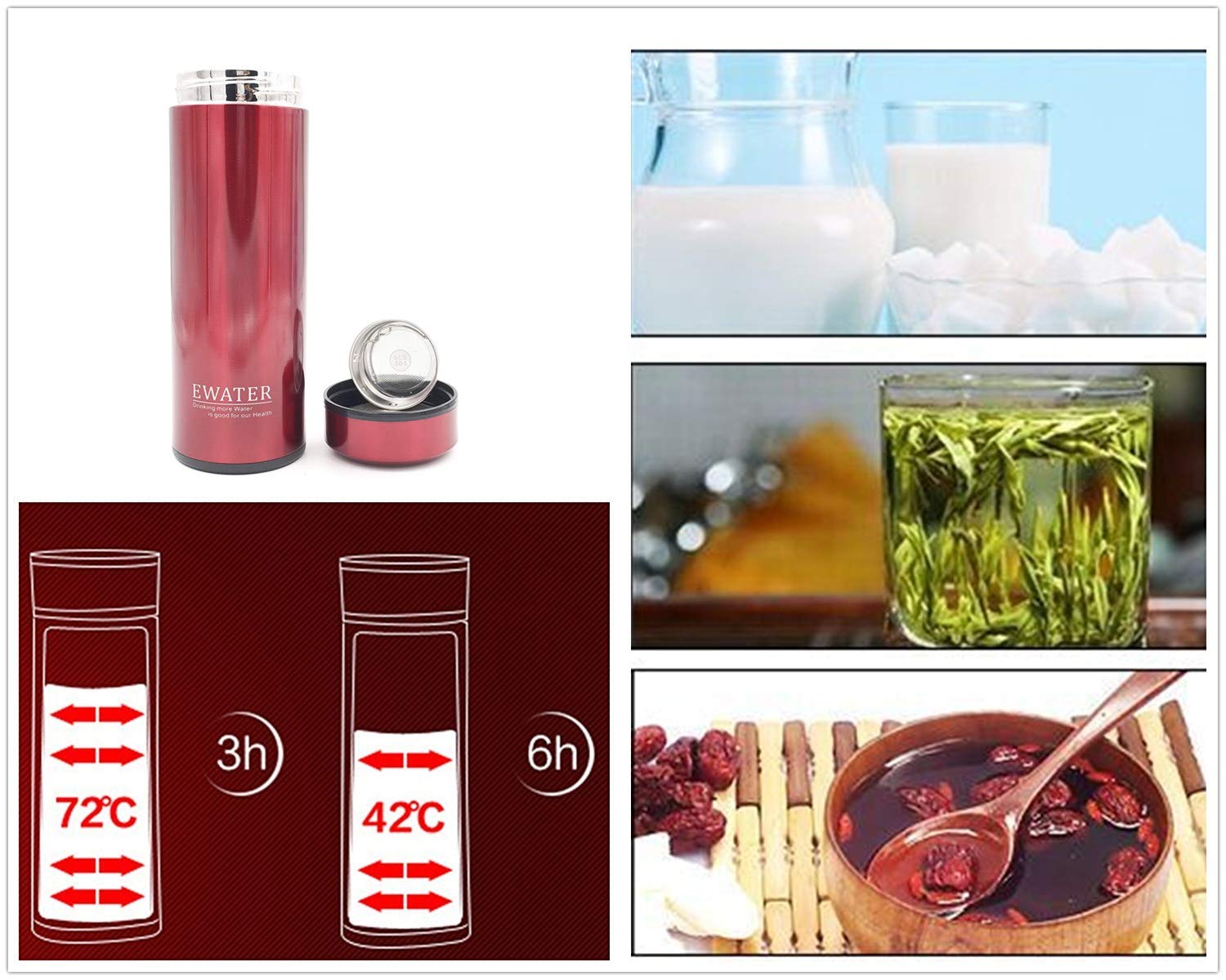 Glass Liner Vacuum Flask Stainless Steel Water Bottle Insulated Travel Coffee Mug 11oz 9oz Available (11oz  Red)