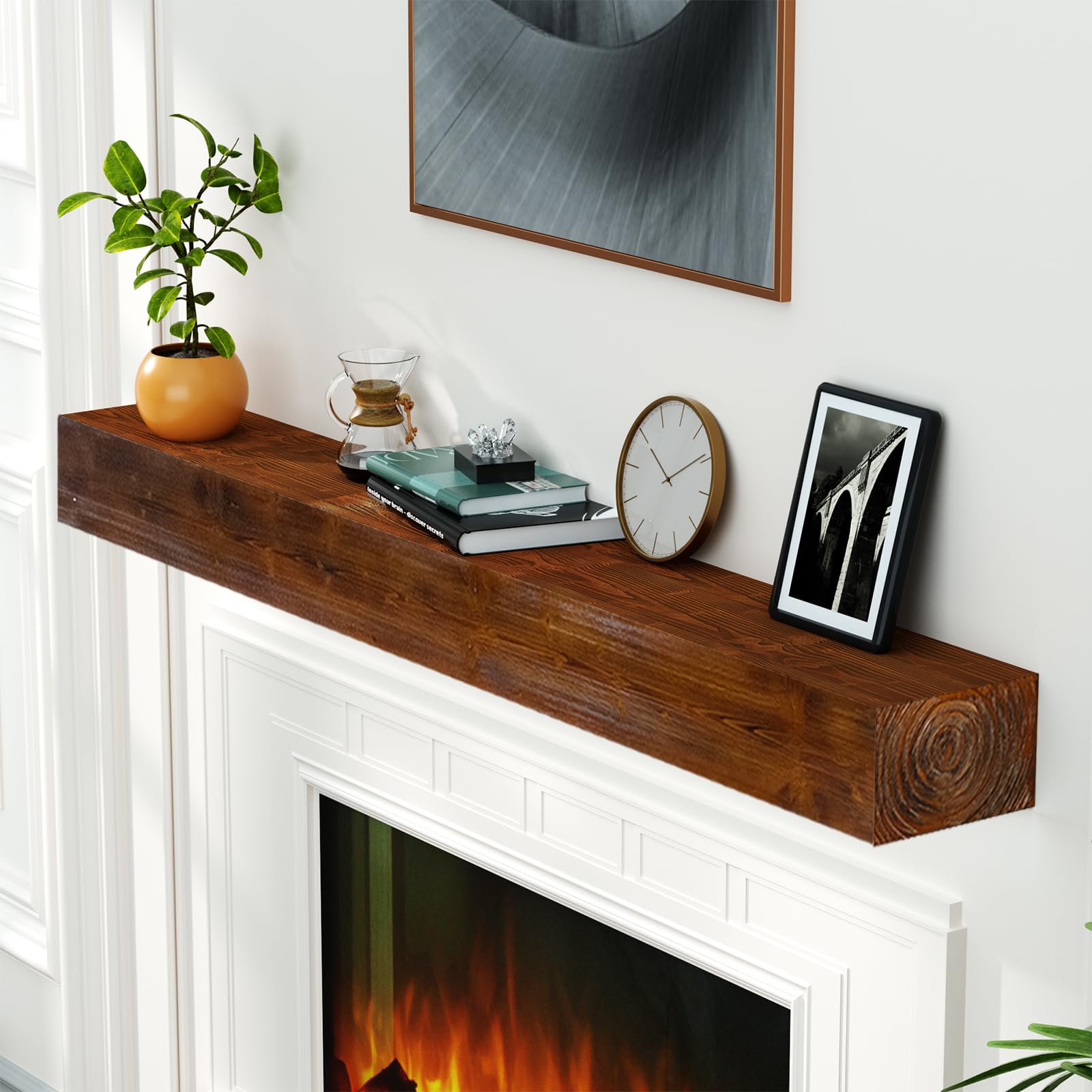 ROOMTEC Fireplace Mantel,72 Wood Floating Fireplace Shelves,Wall Mounted Wooden Display Shelving,Handcrafted Wood Brack,Natural 