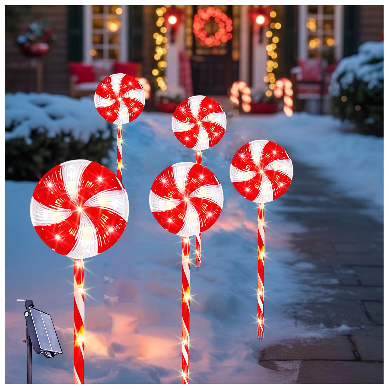 Solar Christmas Pathway Lights - 5 Pack Candy Cane Lollipop Peppermint Lights for Xmas Decorations, 22   Solar LED Candy Cane Pa