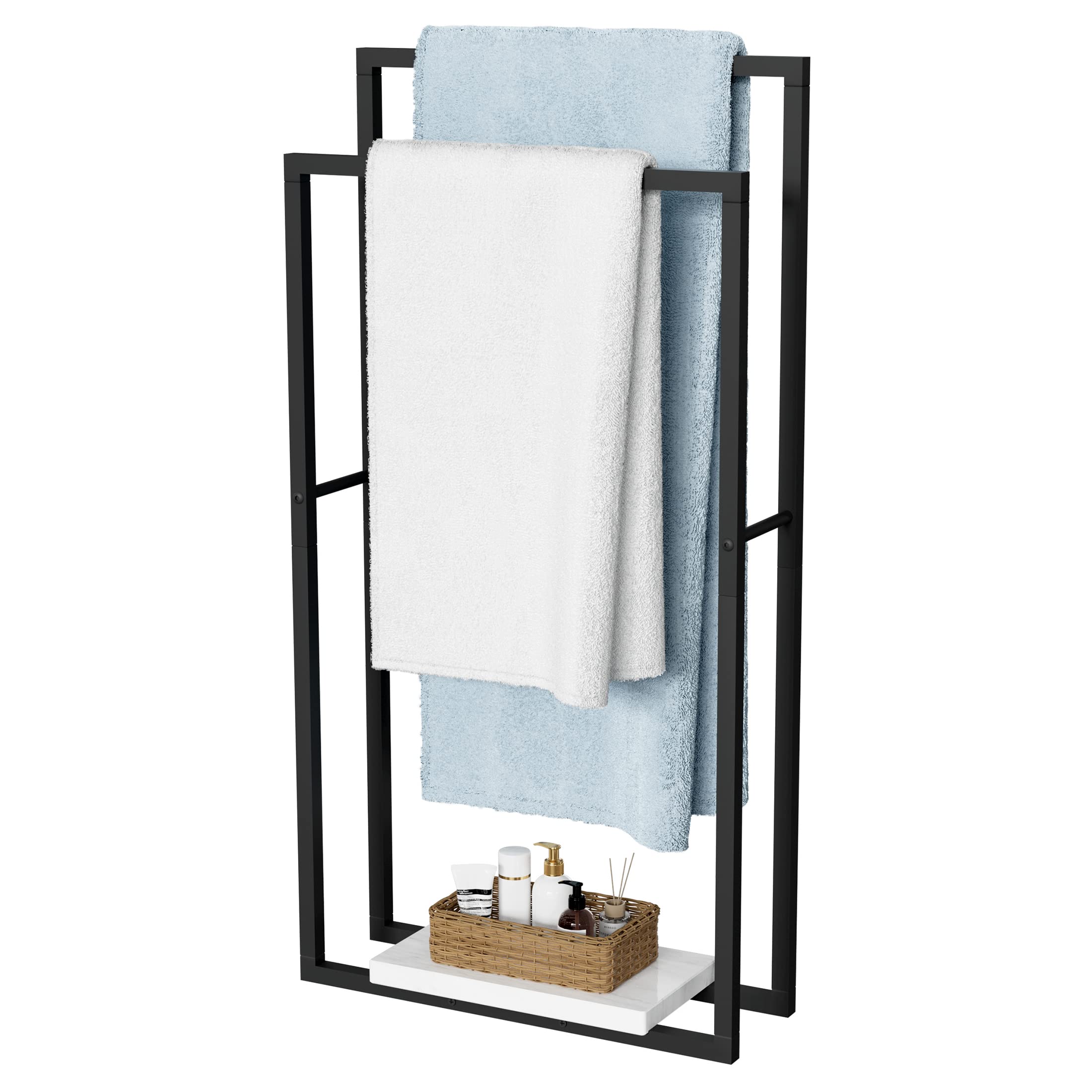 Kes Standing Towel Racks For Bathroom With Heavy Marble Base, 38'' H Towel Rack Stand For Bathroom 2-Tier, Blanket Rack For Bath