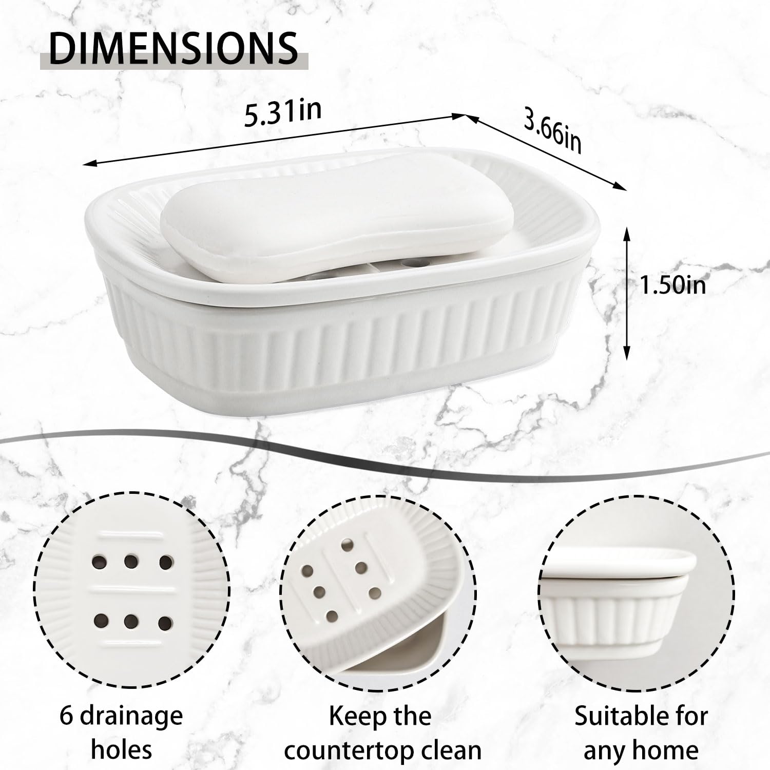 Vanenjoy White Ceramic Soap Dish, Self Draining Soap Dish For Kitchen Sink, Decorative Bathroom Soap Dish, Kitchen Sponge And So