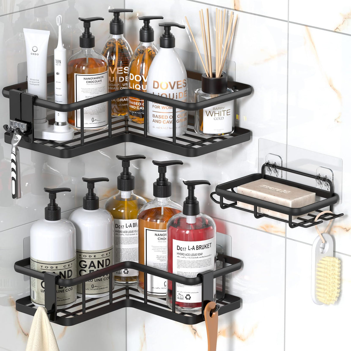 Yasonic 2024 New Corner Shower Caddy, 3-Pack Shower Organizer Corner With Soap Holder And 4 Removable Hooks, Rustproof Corner Sh