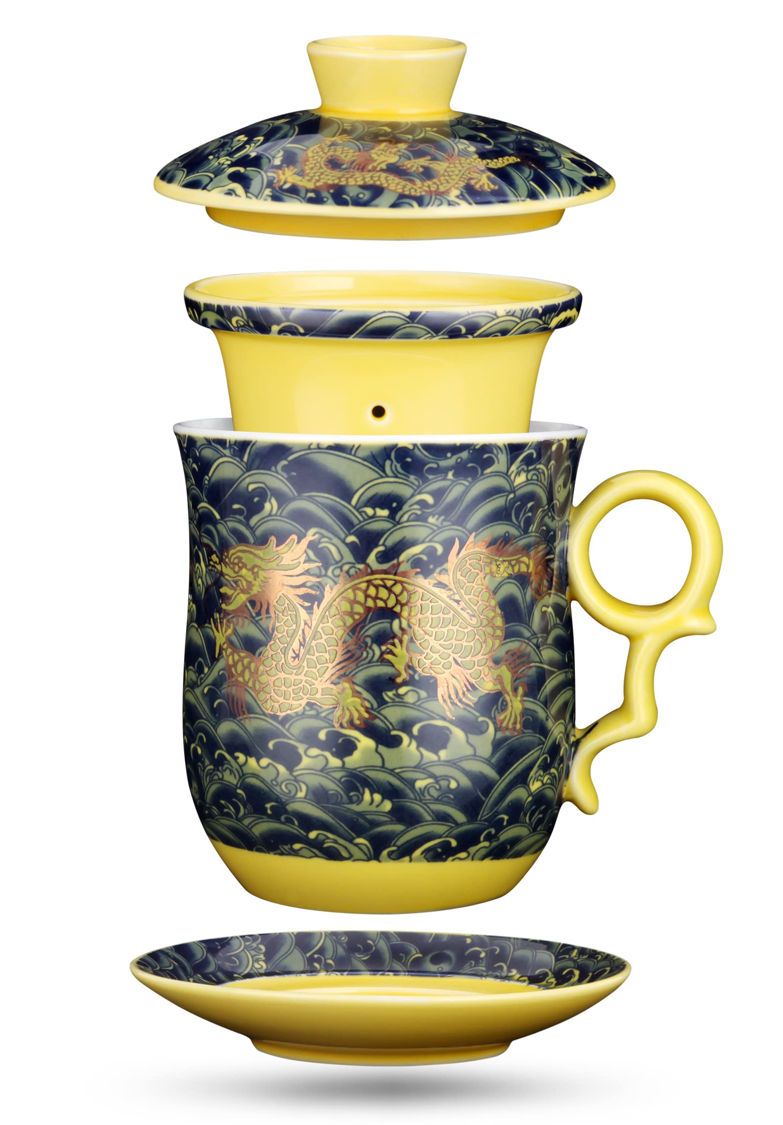 YURROAD Chinese Dragon Pattern Tea-Mug with Strainer Infuser and Lid and Saucer Ceramic Tea Mug Convenient System Chinese Porcel