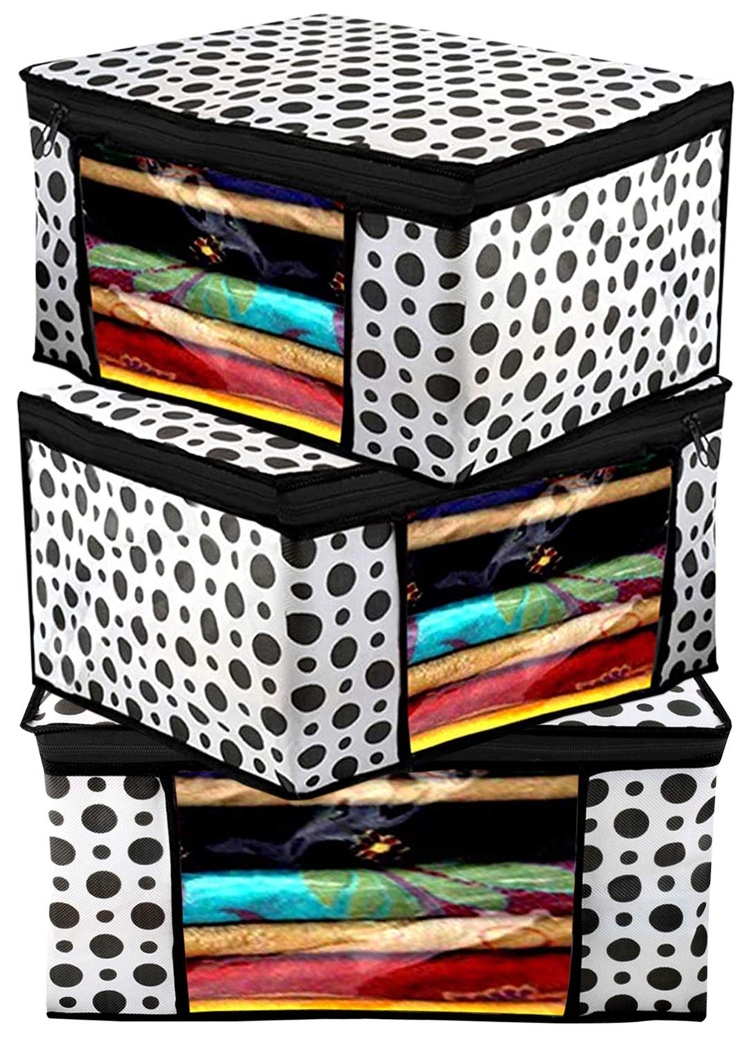 Heart Home Polka Dots Printed 3 Pieces Non Woven Fabric Saree Cover/Clothes Organiser For Wardrobe Set With Transparent Window, 