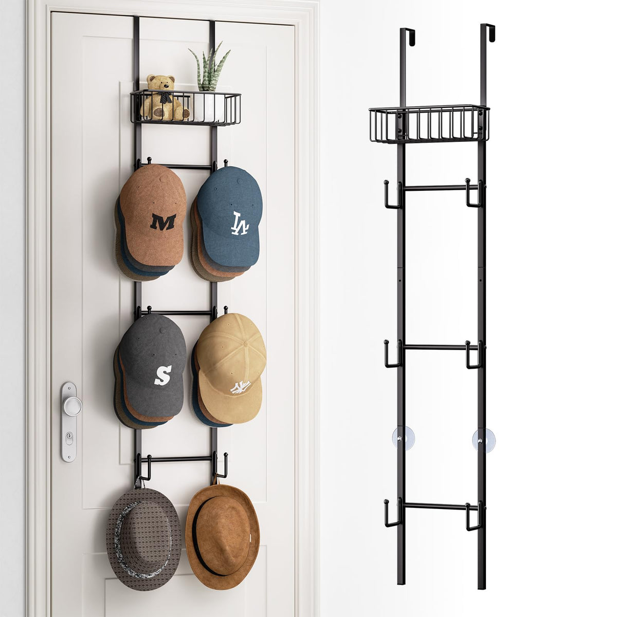 Hapirm Over Door Hat Rack - Hat Organizer For Baseball Caps, Wall Mounted Hat Holder With 6 Hat Hooks And Metal Basket Design, H
