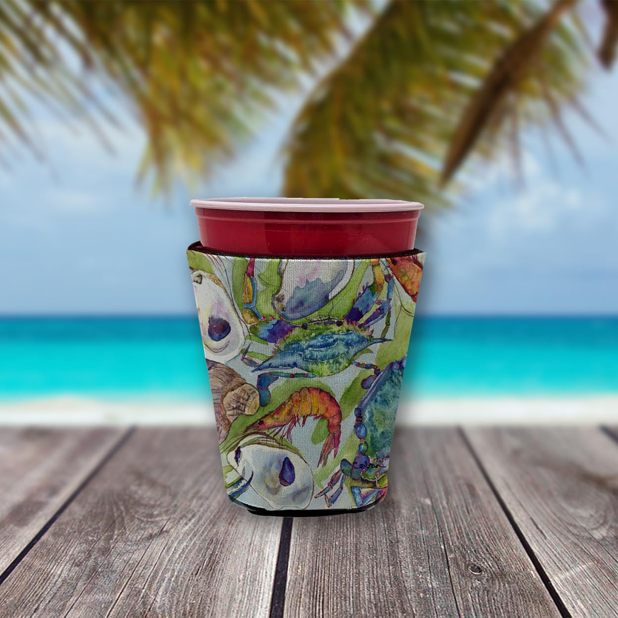 'Crab   Shrimp and Oysters Red Solo Cup Beverage Insulator Hugger''