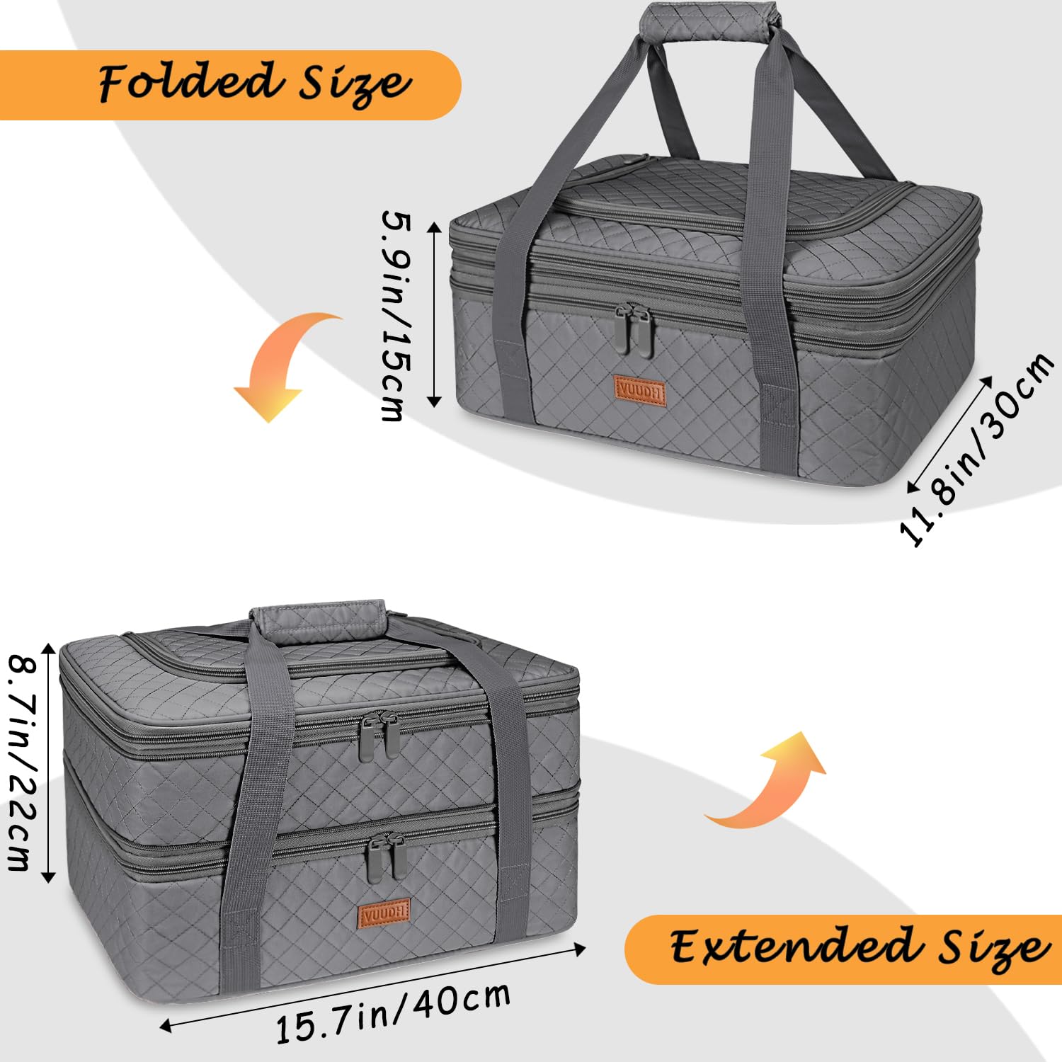 Vuudh Quilted Double Decker Casserole Carrier - Expandable Grey Dish Case for 9"×13" Baking Dish, Ideal for Potlucks and Picnics