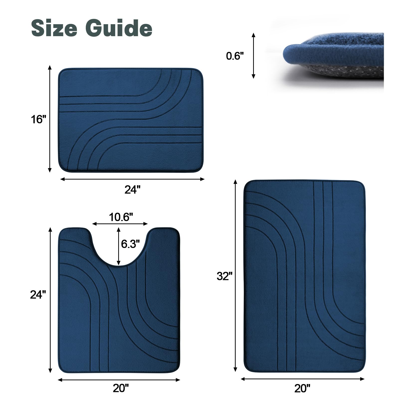 Yihouse 3 Piece Navy Blue Bathroom Rug Set, Soft Non Slip Bathroom Mat Sets 3 Piece, Extra Thick Memory Foam Bath Mats For Bathr