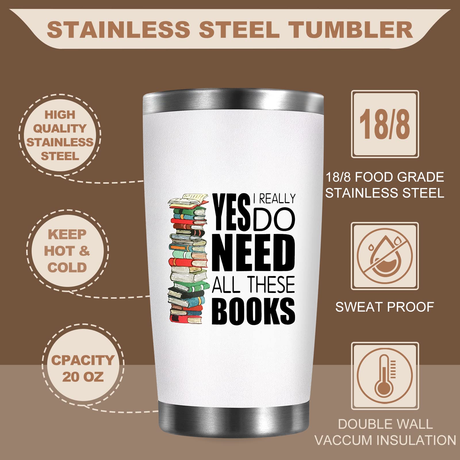 Petitian Book Lovers Gifts Booklover Tumbler: Yes I Really Do Need All These Books Nerd Gifts 20 Oz Book Lover Tumbler For Women