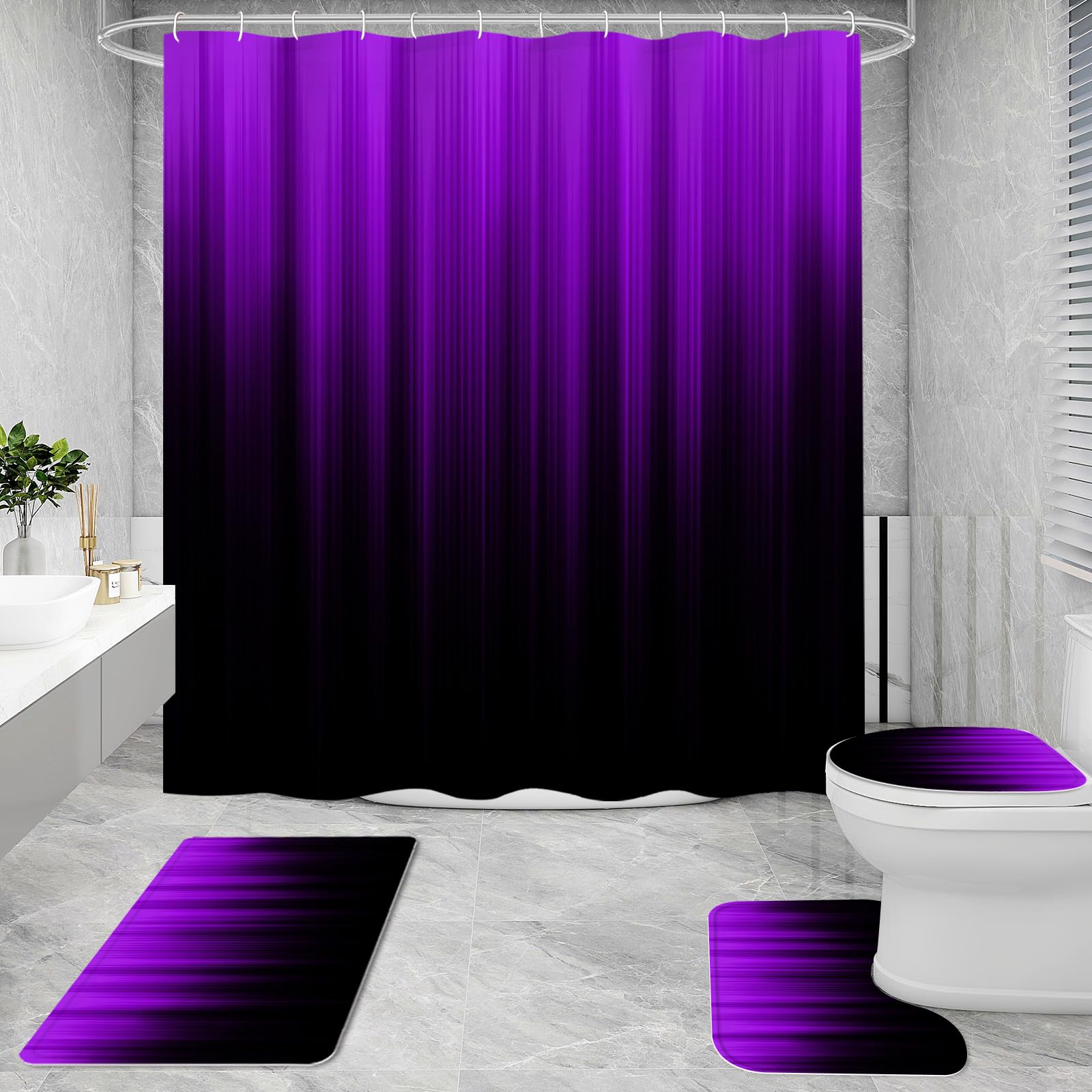 Litabel 4 Pcs Purple And Black Gradient Shower Curtain Set With Rugs And Toilet Lid Cover, Modern Simple Waterproof Fabric Bathr