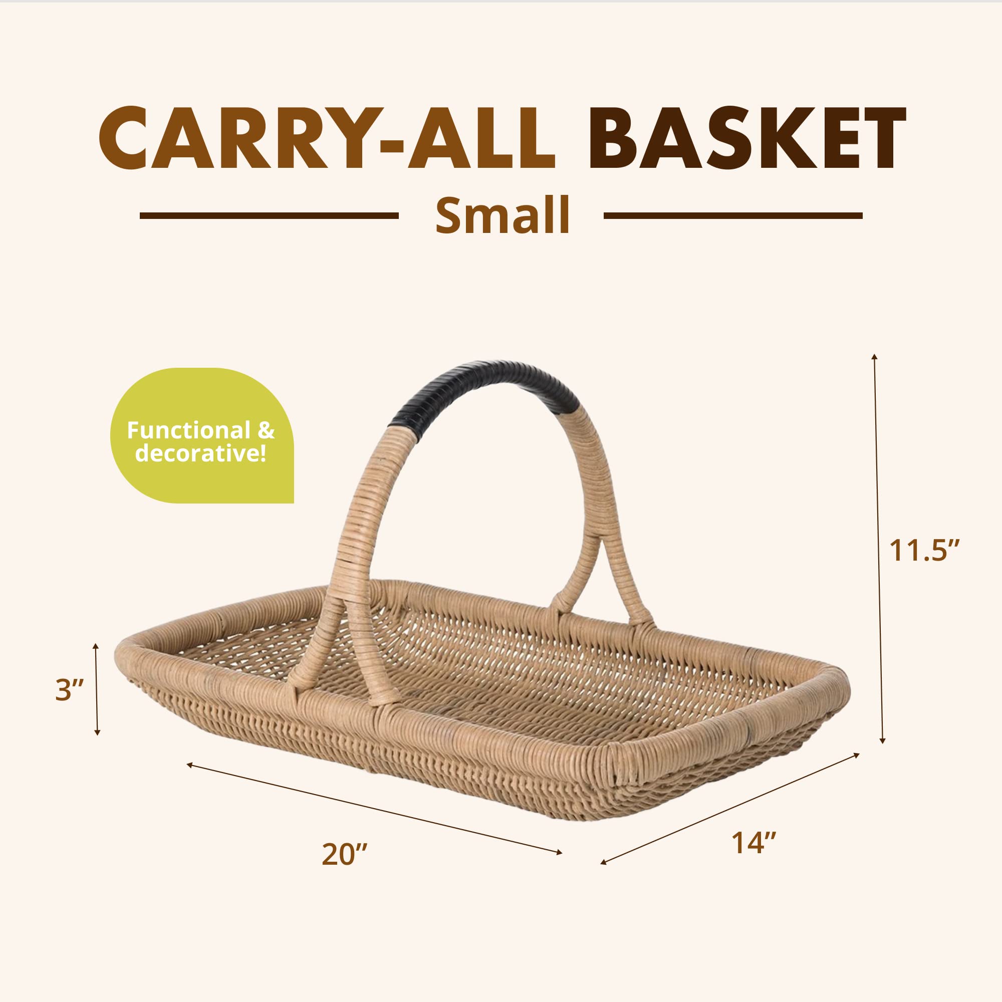 Kouboo Vegetable & Flower Wicker Basket, Handwoven Rattan Basket With Leather-Wrapped Arch Handle, Organization & Home Decor For