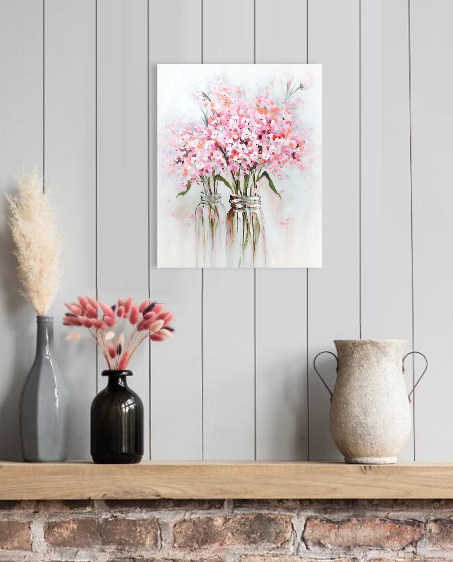 Ypy Pink Flowers Canvas Wall Art: Abstract Bouquet In Vase Artwork Prints For Teen Girl Bedroom Pink Floral Picture Poster Bathr