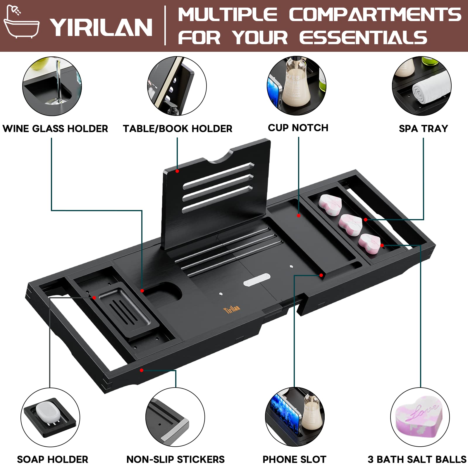 Yirilan Bathtub Caddy Tray, Foldable Bathroom Tray With Extending Side, And Waterproof Fabric Bookshelf, Luxury Bath Tray For 1