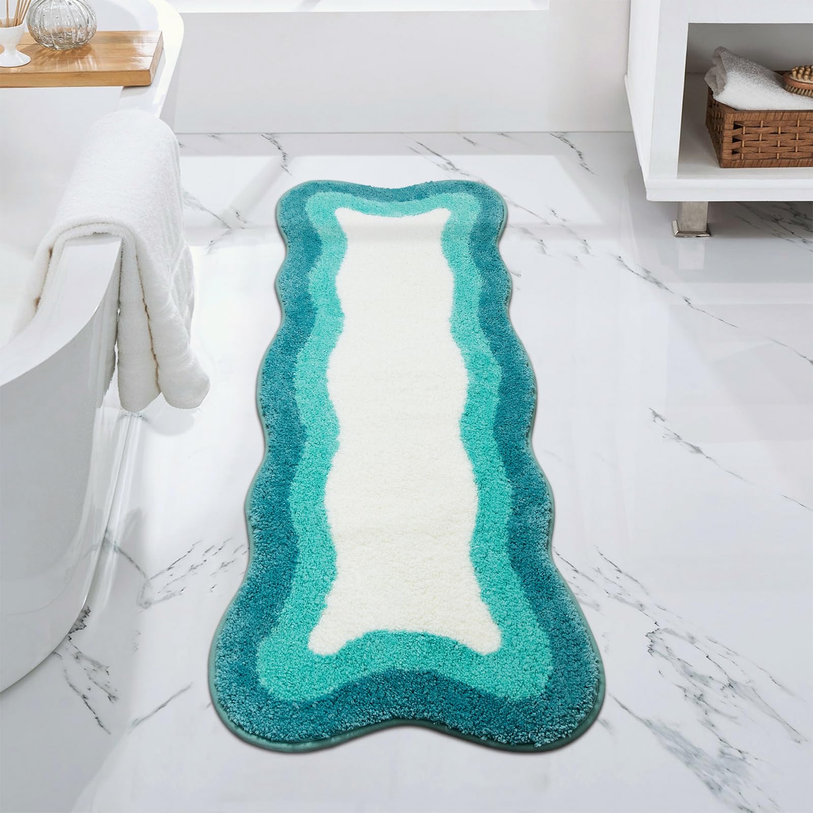 Haocoo Irregular Shape Bathroom Rug Runner, 18X47 Inch Soft Aqua Gradient Non Slip Bathtub Mat,Microfiber Washable Runner Rug Ro