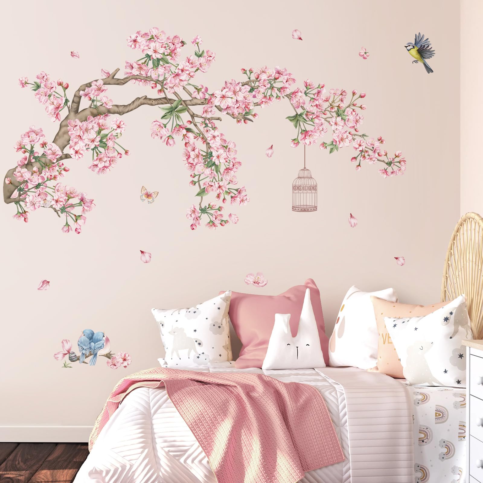 Decalmile Cherry Blossom Tree Branch Wall Decals Pink Flower Birds Wall Stickers Bedroom Living Room Sofa Tv Background Wall Dec