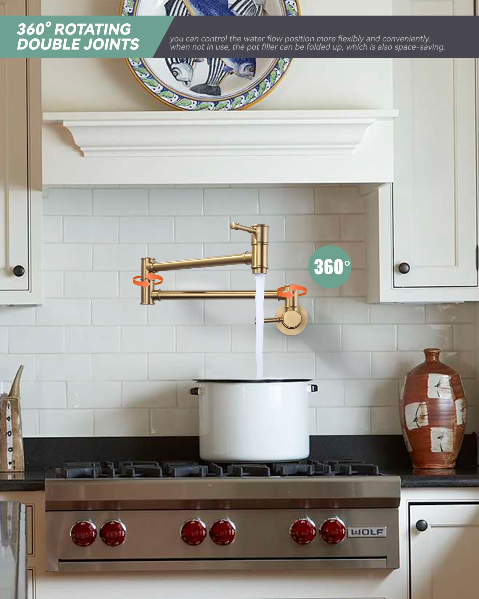 Aleasha Pot Filler Faucet Brushed Gold, Folding Kitchen Pot Filler Faucet Single Hole 2 Handle Wall Mount Kitchen Pot Filler Ove