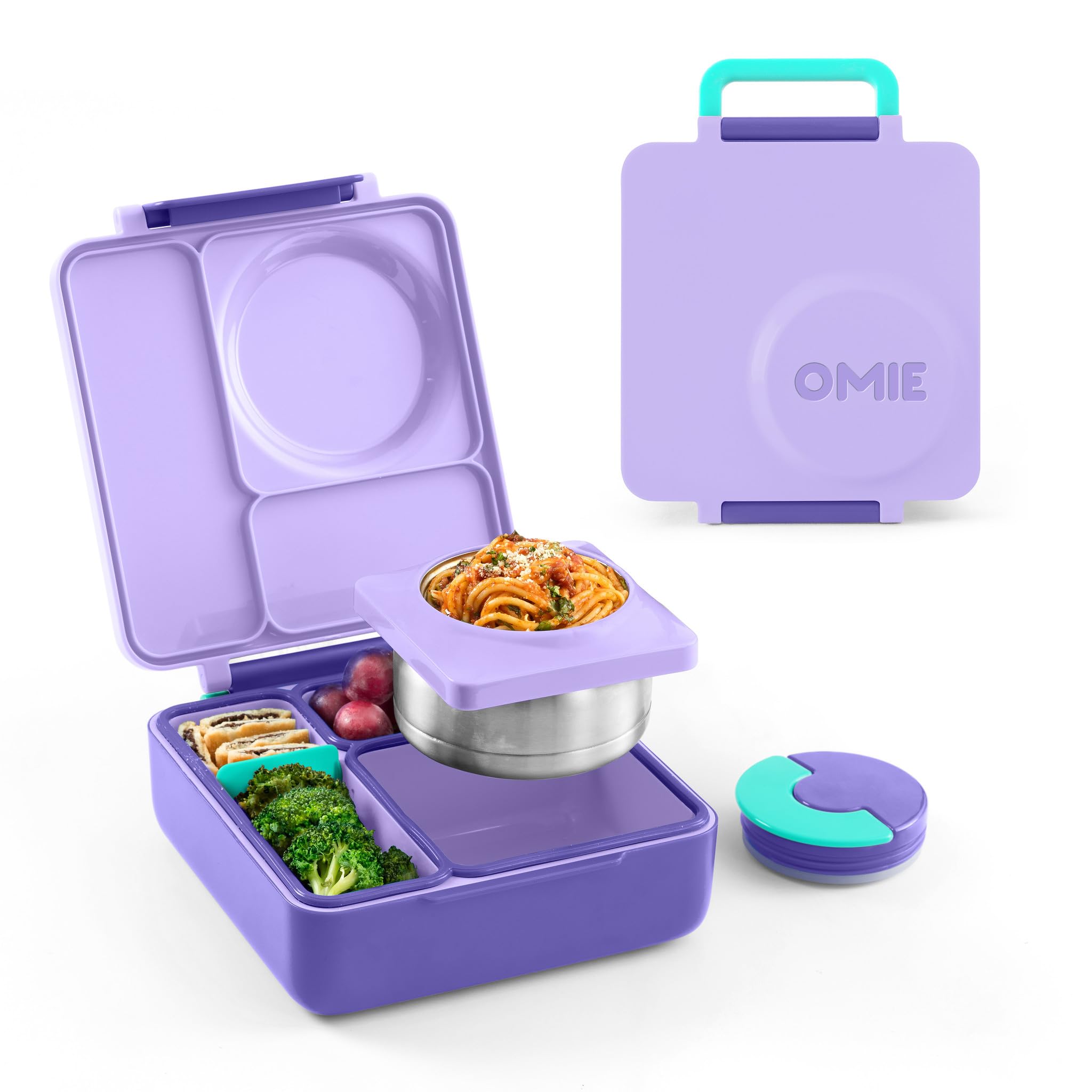 Omie OmieBox Insulated Bento Lunch Box with Leak Proof Thermos Food Jar-3 Compartments, Two Temperature Zones, One Size, (Purple