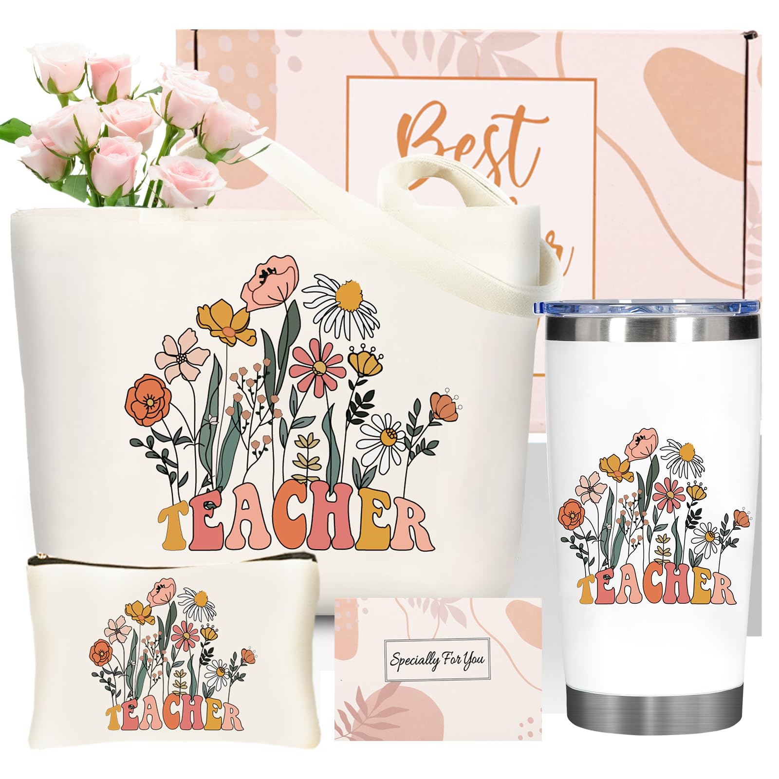 DHQH Teacher Appreciation Gift Set: 20oz Insulated Tumbler & Canvas Tote Bag Box for Women Educators -Birthday, Thank You, Holid