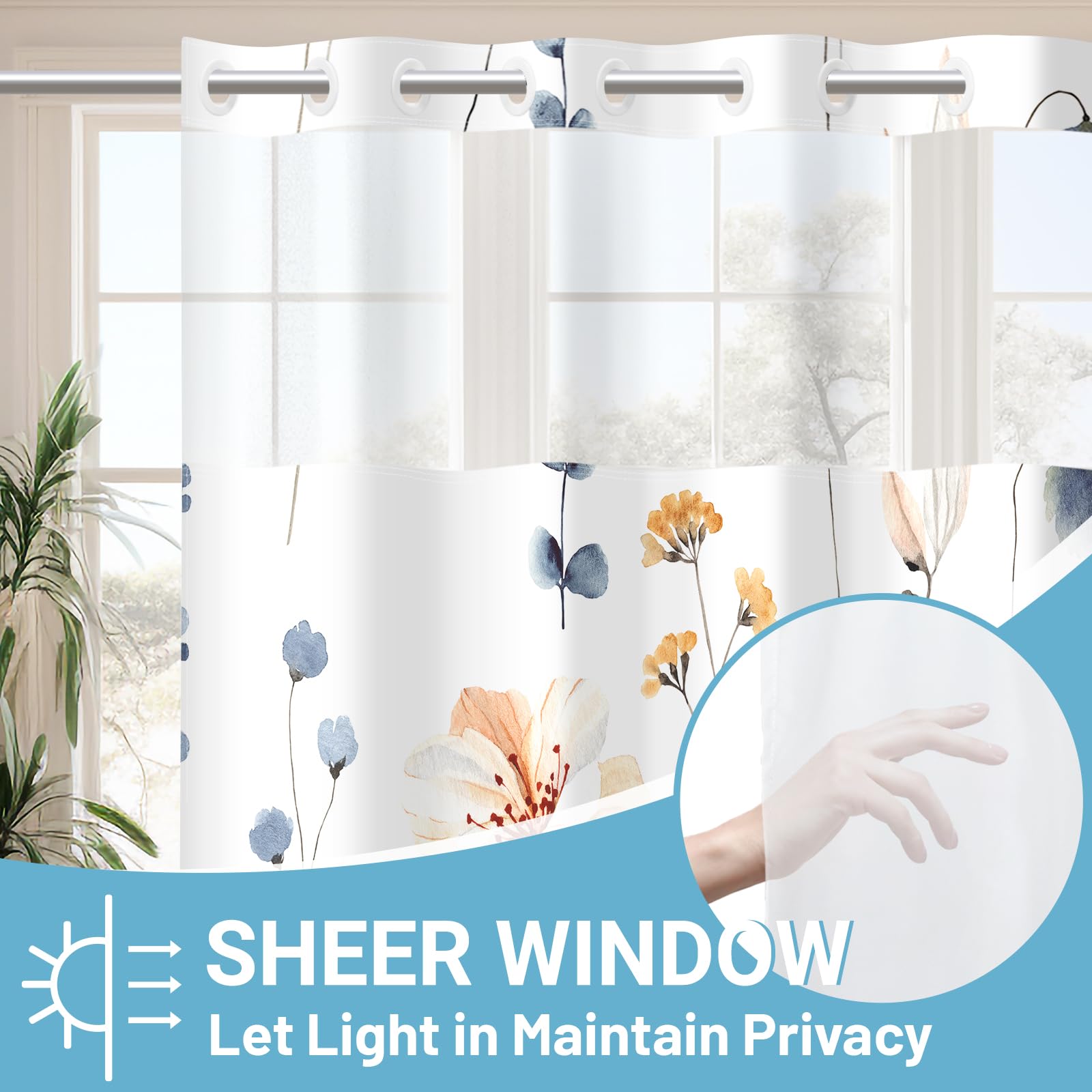 Withloc No Hook Shower Curtain With Snap In Liner - Watercolor Floral Shower Curtain - Fabric Waterproof Inner Liner, Plants Blu