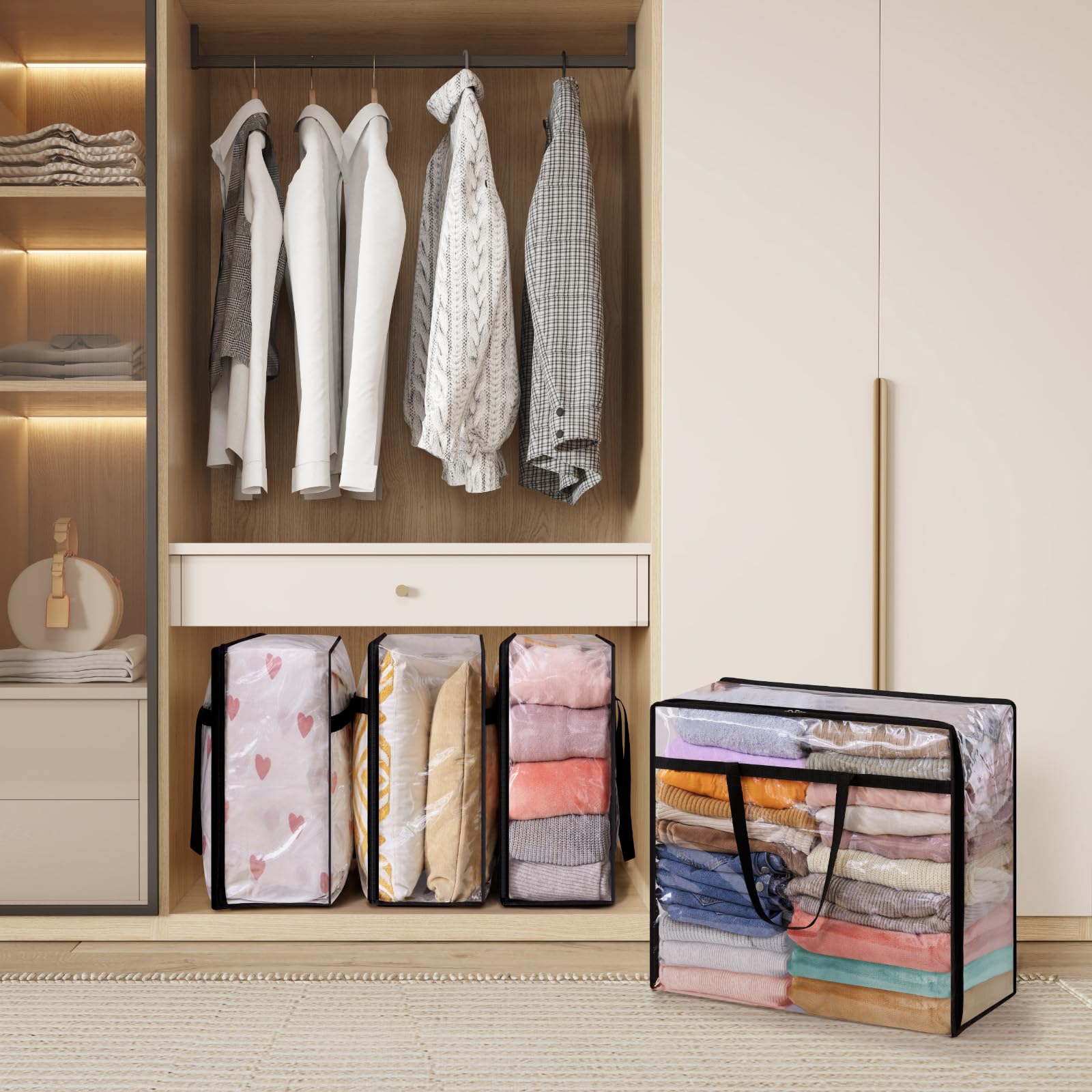 Lifewit 110L Large Clear Clothes Storage Bags, 3 Pack Plastic Vinyl Foldable Moving Bags with Zipper, Closet Organizers and Stor