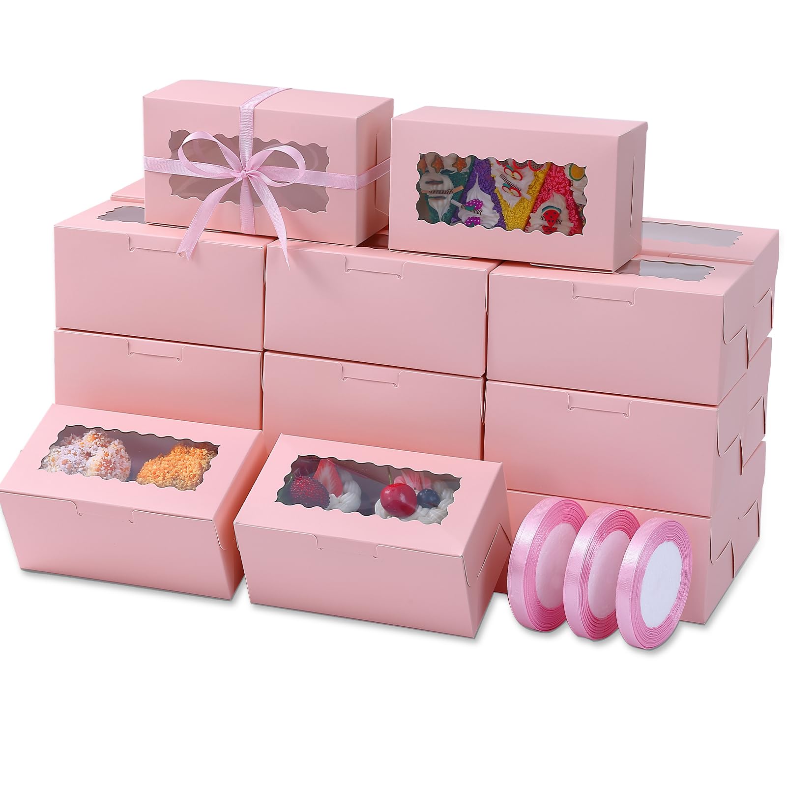 Ybaoo 65 PCS Pink Cookie Boxes with Window - 6.29x3.54x2.95 Inches Bakery, Treat, Dessert, Pie, Donuts, Macaroon, Cupcake, Small