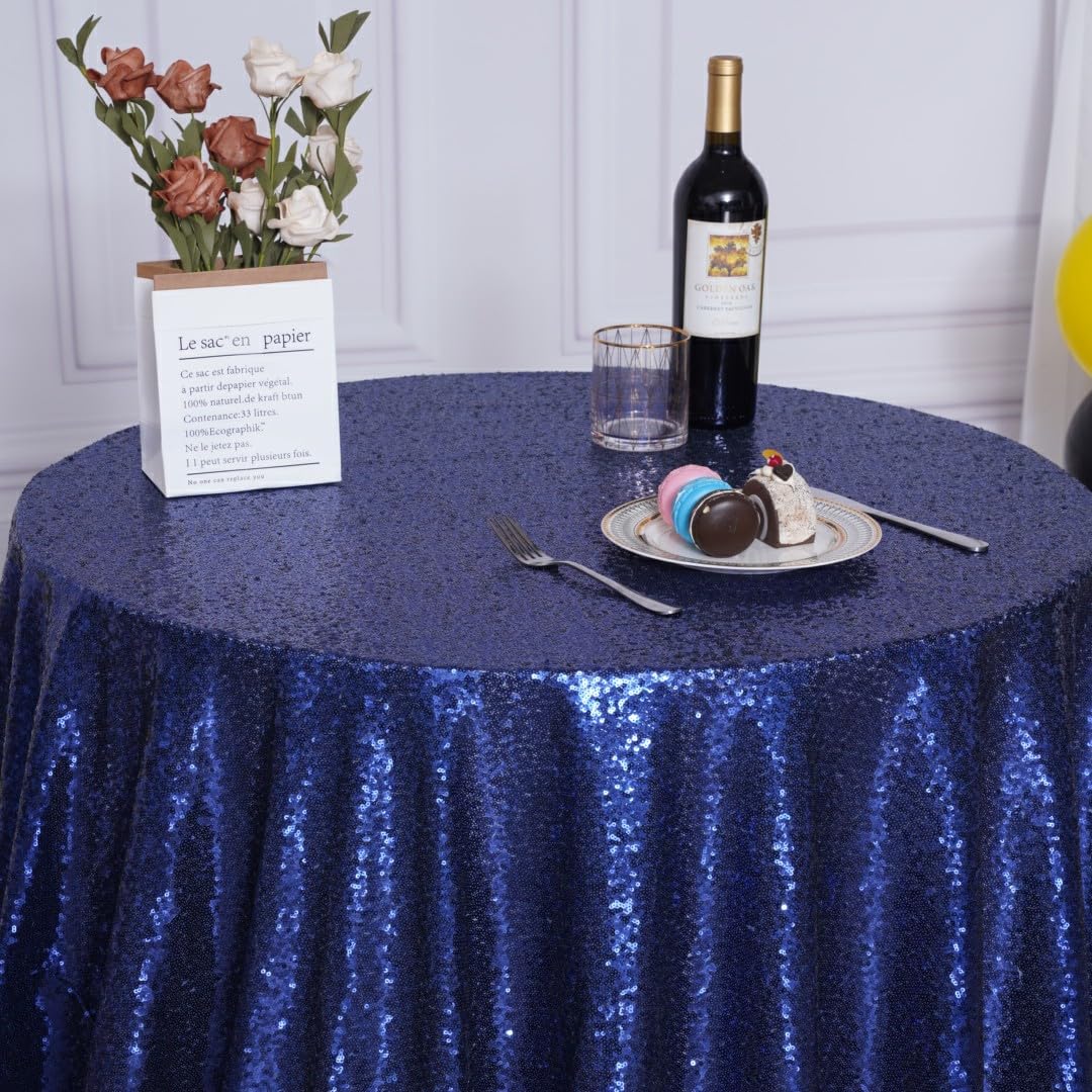 Poise3Ehome 120-Inch Round Navy Blue Sequin Tablecloth For Party Cake Dessert Table Exhibition Events