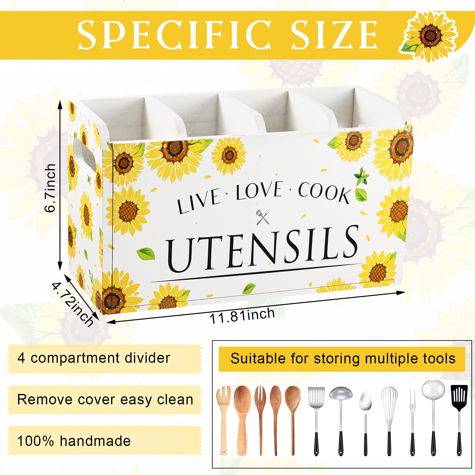Kathfly Sunflower Kitchen Utensil Holder For Countertop 4 Compartment Large Wooden Rustic Farmhouse Cooking Utensil Organizer Ki