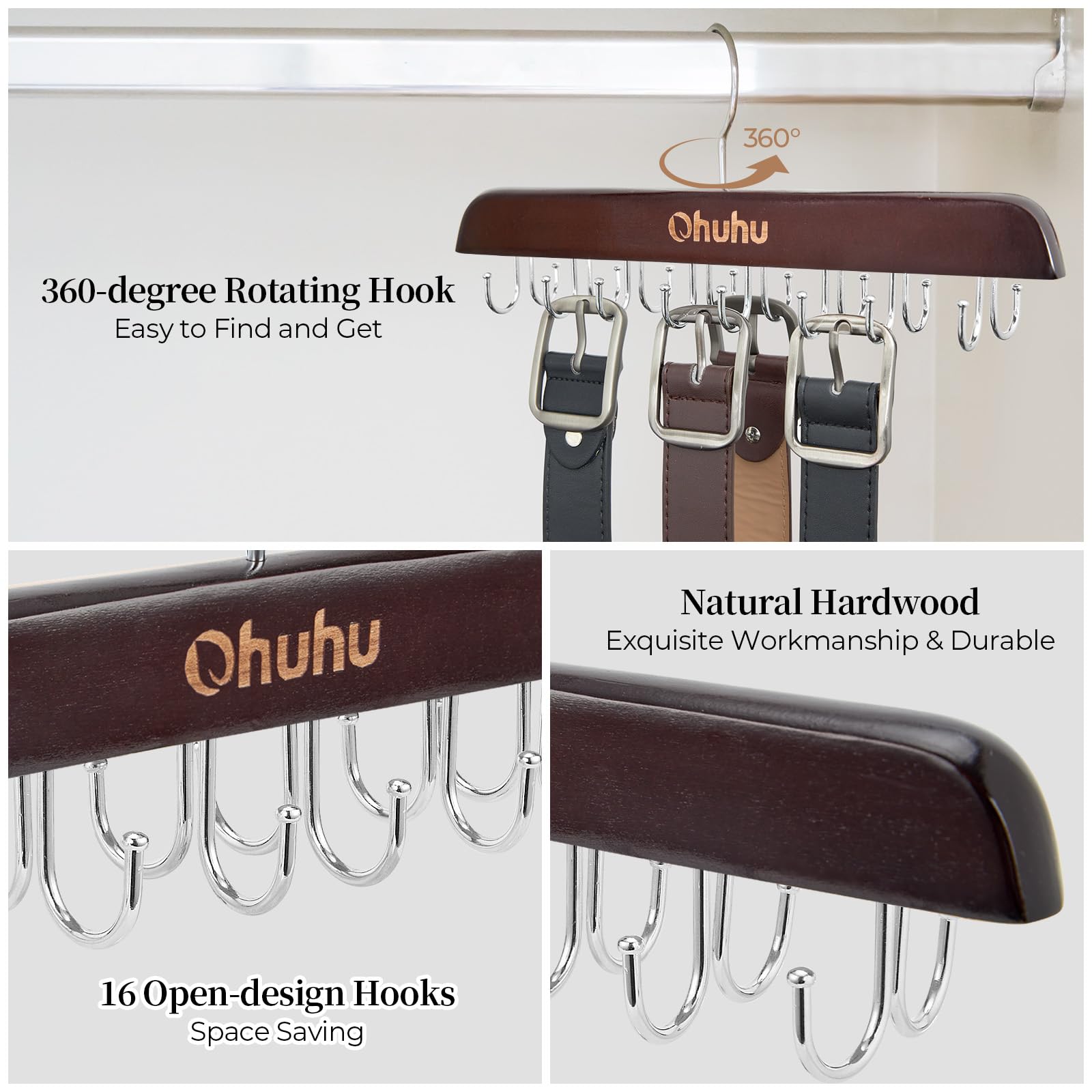 Belt Hanger Organizer For Closet: Ohuhu 16 Hooks Max 48 Belts Tie Rack Wooden Belt Holder For Storage 360 Degree Rotating Space
