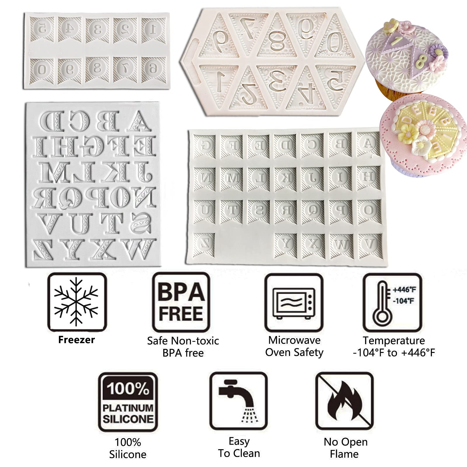 Letter Fondant Molds (4 Pack) Number Alphabet Silicone Chocolate Mold For Baby Shower Cake Cupcake Decorating Sugarcraft Candy C