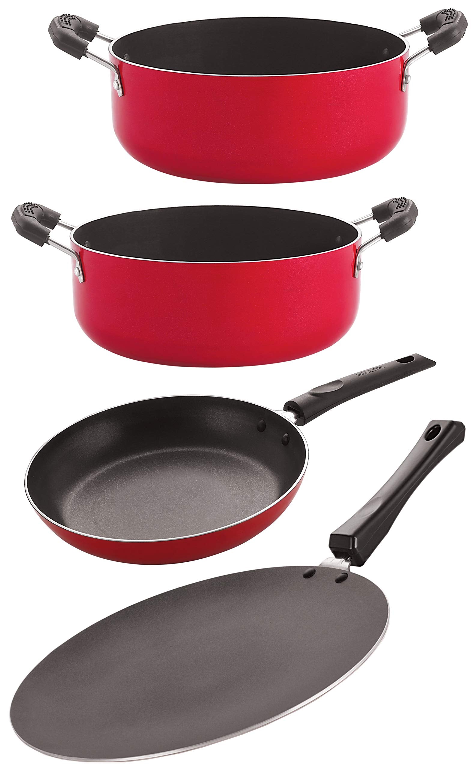 Nirlon Nonstick Cookware Kitchen Cooking Essential Gift 4 Pieces Set (Concave Tawa 27.5Cm + Tapper Pan 1 Ltr + Casserole 2.1 Ltr