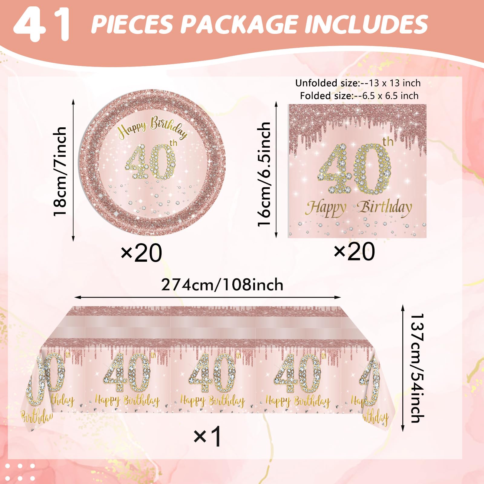 41Pcs 40Th Birthday Decorations, Rose Gold Birthday Party Supplies Include 20Pcs Plates 20Pcs Napkins And 1Piece Tablecloth, Swe