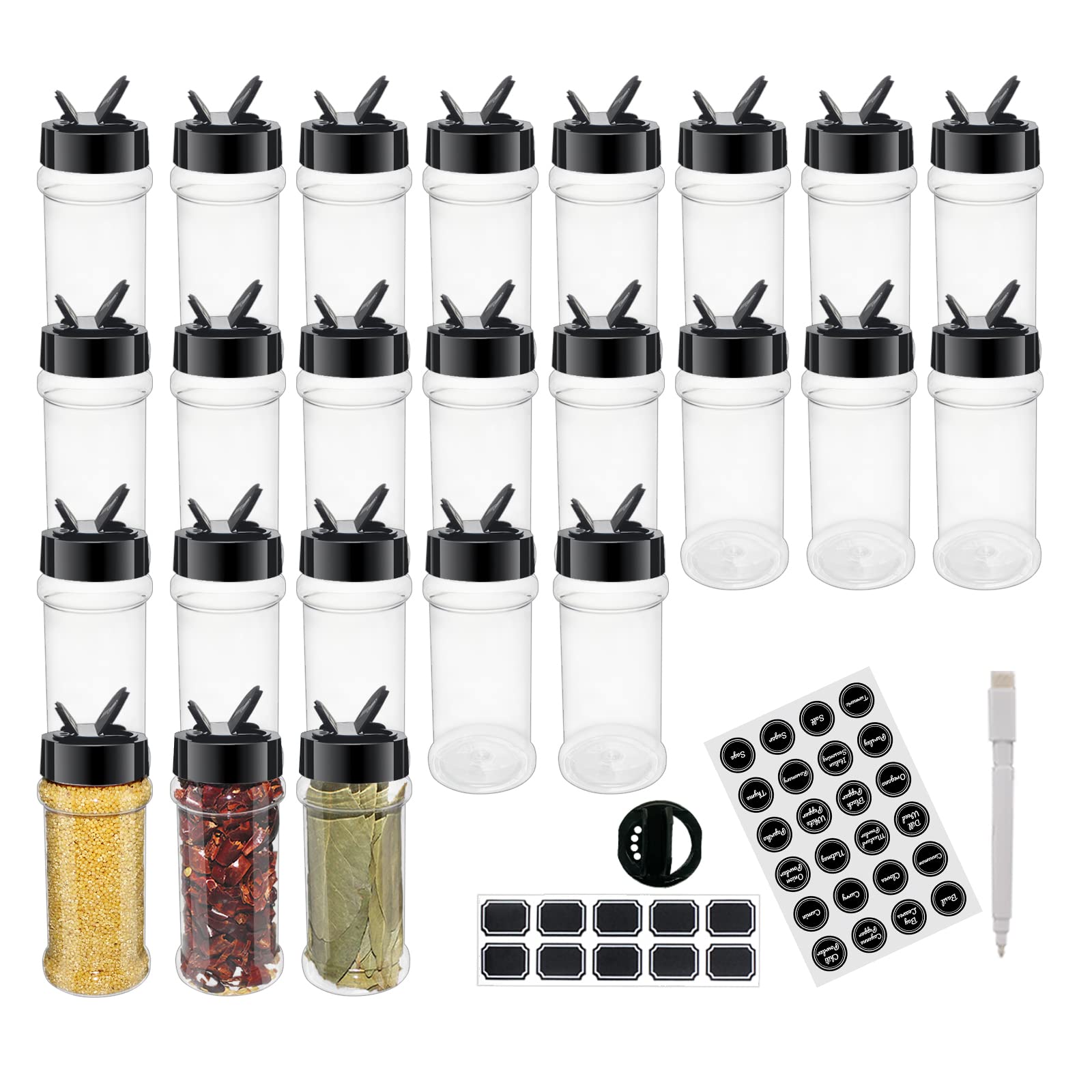 Suituts 3.3 Oz 24 Pack Clear Plastic Spice Jars With Black Shaker Lids, 100Ml Round Spice Bottle, Plastic Seasoning Jars With La