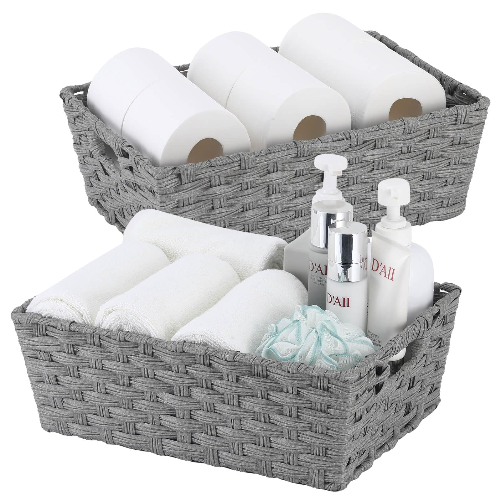 Onlytak Large Wicker Storage Basket, Metal Frame, Set Of 2, Washable Waterproof, 15'' X 10.3'' X 5.2'', Grey Color, Woven Basket