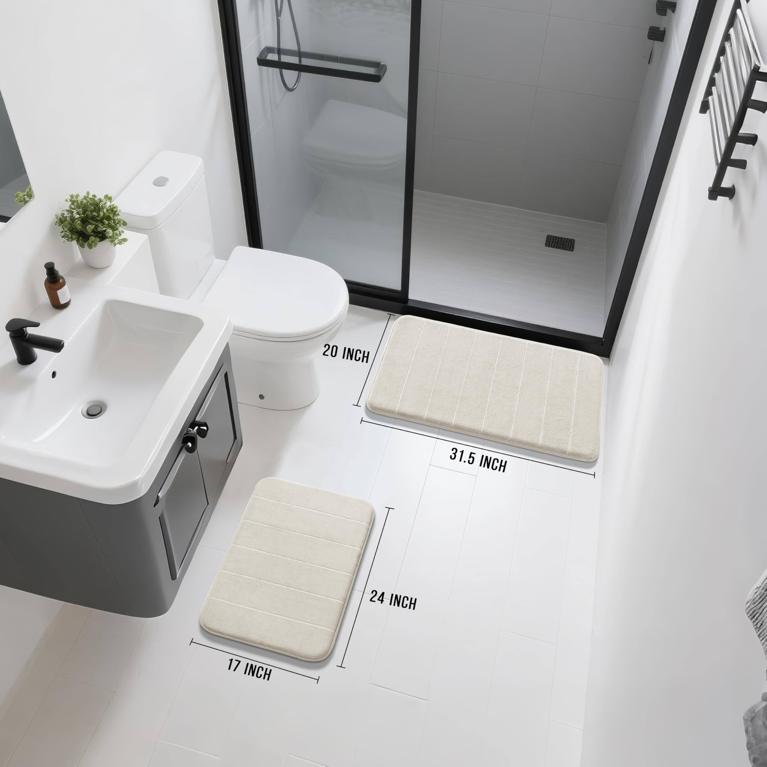 Yimobra 2 Pieces Memory Foam Bath Mat Sets  17x24+31.5x19.8 Inches for Bathroom Rugs  Toilet Mats  Non-Slip  Soft Comfortable  Water Absorption  Machine Washable (Cream White  17''x24''+31.5''x19.8'')