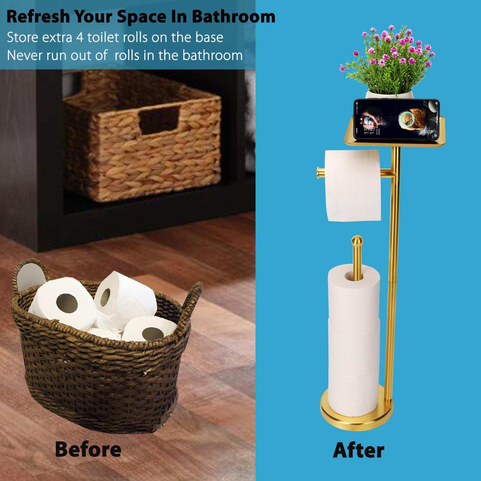 Noonext Gold Toilet Paper Holder Stand, Freestanding Toilet Paper Stand With Tray For Small Items, Toilet Paper Holder With Shel