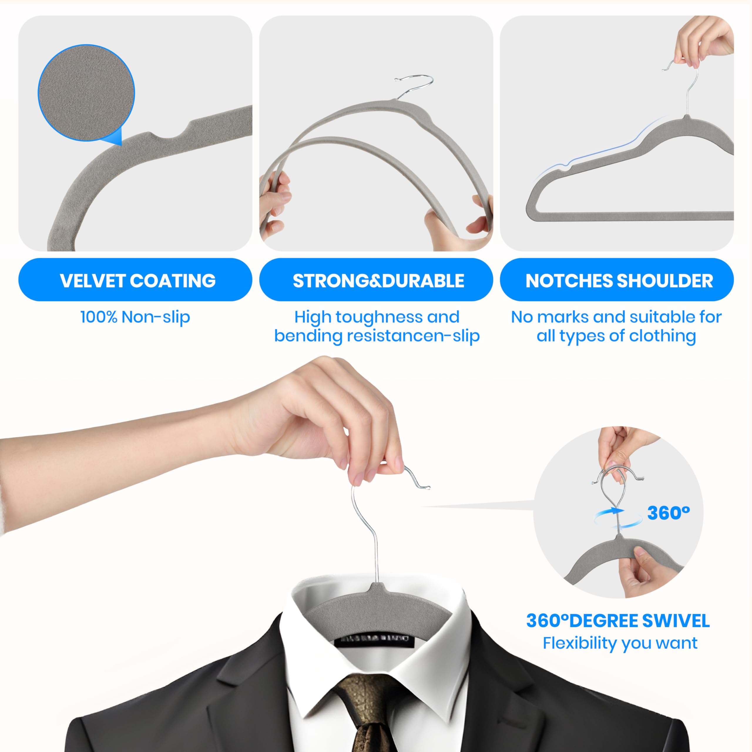 Yssoa Velvet Hangers 60 Pack, Non-Slip Clothes Hangers With Shoulder Notches, 360 Swivel Hooks, Heavy Duty Standard Hangers For