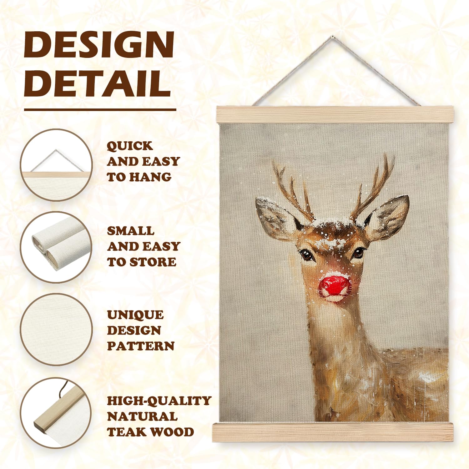 Luvadian Christmas Wall Decor, Winter Christmas Rudolph Red Nose Reindeer Wall Art With Wooden Poster Hanger, Winter Wall Decor,