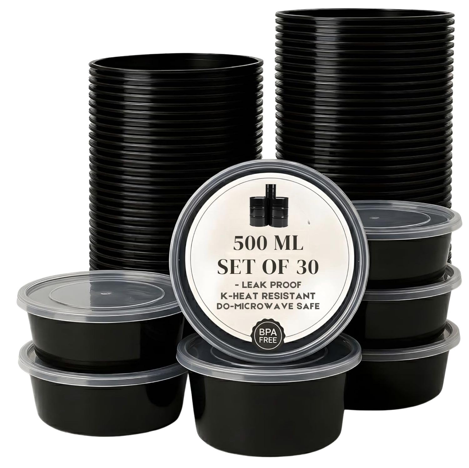 30 Pack 500 Ml Bpa Free & Hygienic Round Black Meal Prep Food Packaging Containers With Transparent Lids For Food Delivery, Pack