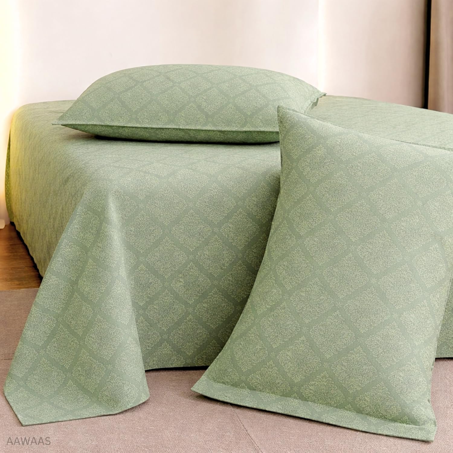 Aawaas 100% Cotton Feel Glace Cotton Elastic Fitted Printed King Size Double Bed Bedsheet With 2 Pillow Cover(72X78, Green), 3